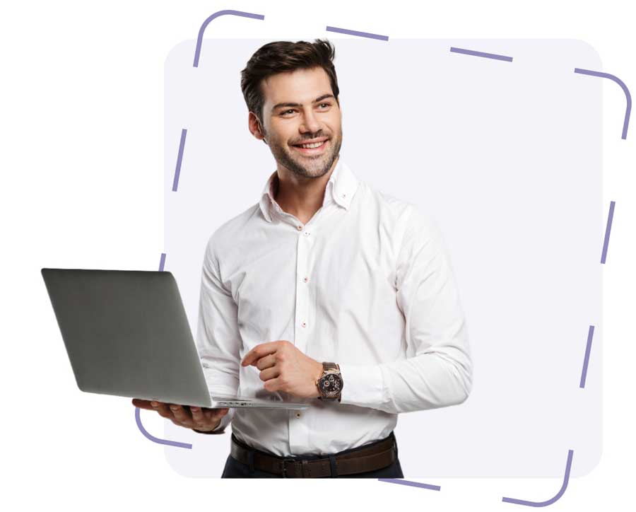 Professional digital marketing expert holding laptop –